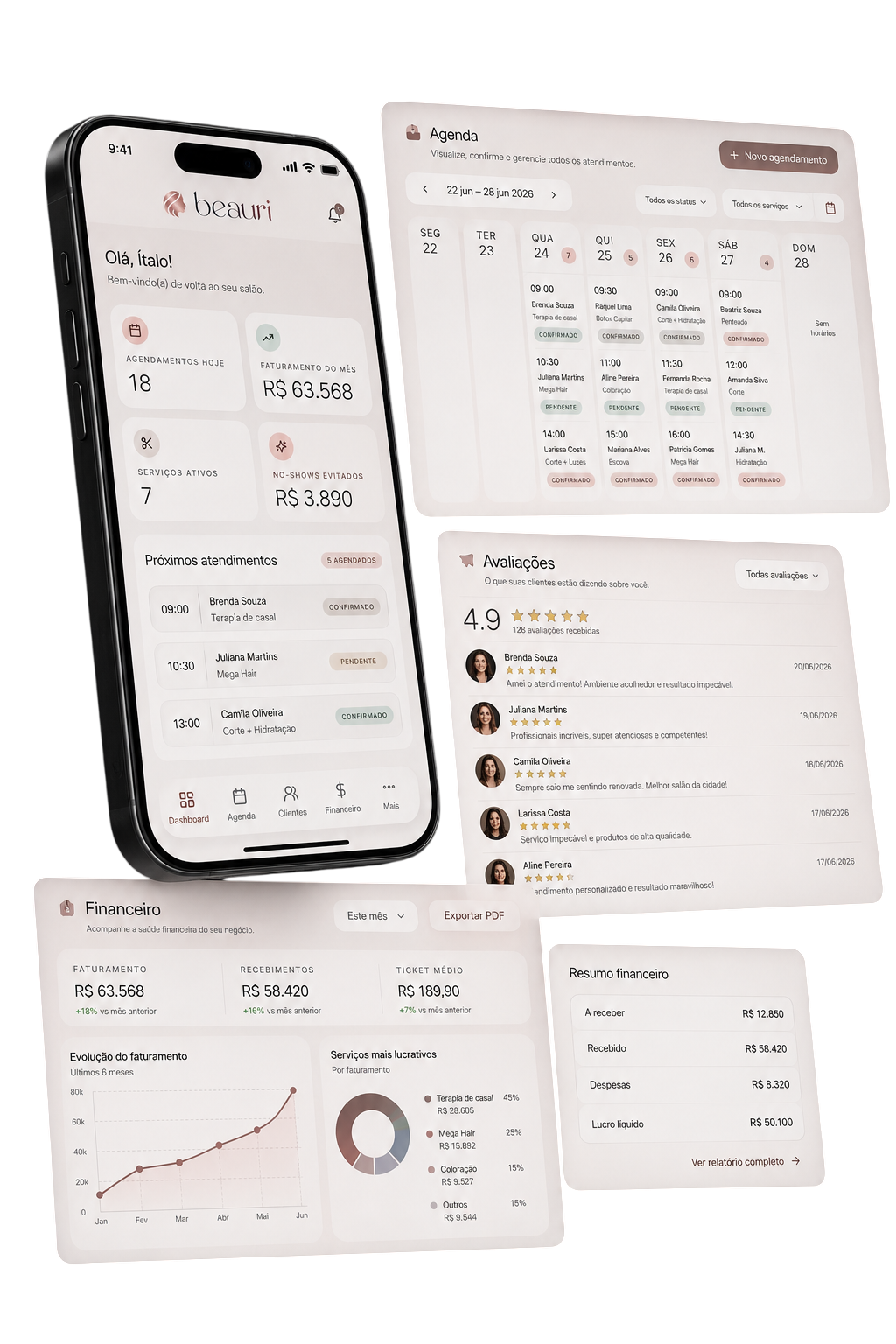 Mockup premium da Beauri exibindo Painel de Agendamento, Relatório Financeiro e Agenda Semanal